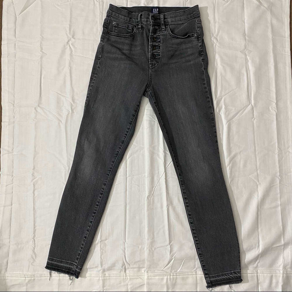 GAP Denim Dark-Gray Mid-Rise Skinny Jeans with Distressed Ankles